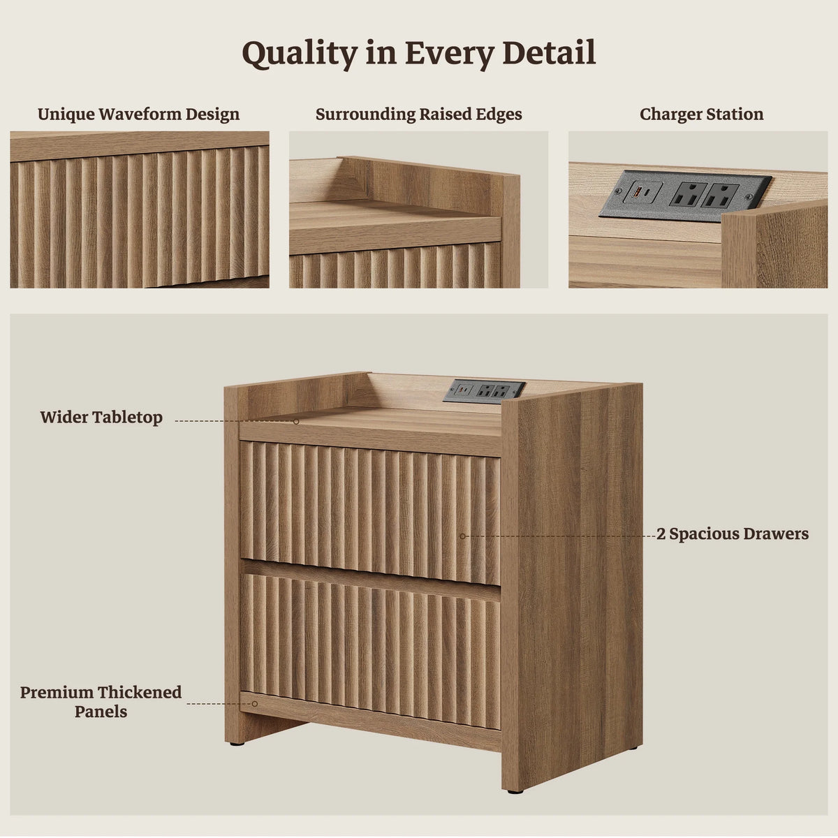 SICOTAS 25.4" Wide Nightstand Set of 2 with Charging Station, Modern Night Stand  with  2 Fluted Dresser & Handle-Less Storage Farmhouse Bed Side Table  for Bedroom, Natural Oak