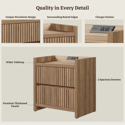 SICOTAS 25.4" Wide Nightstand Set of 2 with Charging Station, Modern Night Stand  with  2 Fluted Dresser & Handle-Less Storage Farmhouse Bed Side Table  for Bedroom, Natural Oak
