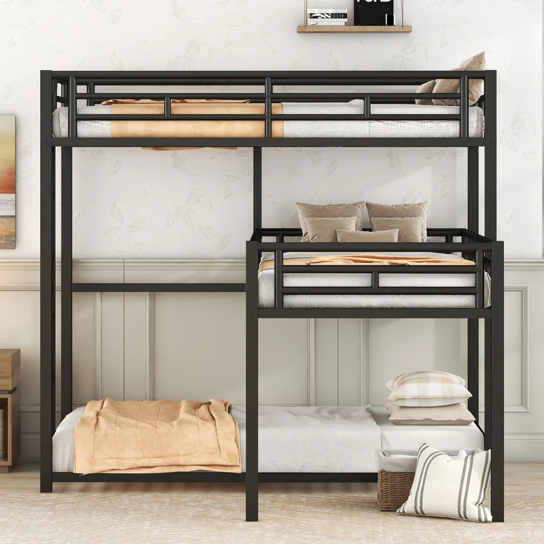 L Shaped Triple Bunk Bed for 3, Metal Triple Twin Size Bunk Beds Frame with Integrated ladder and Full-length Guardrails, Corner Triple Bunk Beds for Kids,Teens and Adults, Black