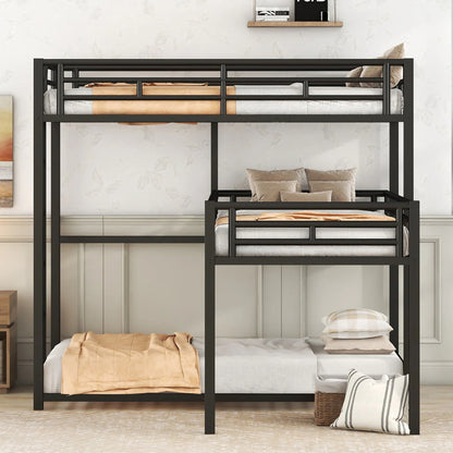 L Shaped Triple Bunk Bed for 3, Metal Triple Twin Size Bunk Beds Frame with Integrated ladder and Full-length Guardrails, Corner Triple Bunk Beds for Kids,Teens and Adults, Black
