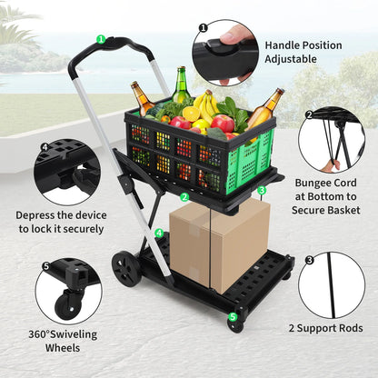 Garvee Foldable Shopping Cart for Groceries, 2-Tier Collapsible Utility Carts with Wheels & Removable Storage Crate, Aluminium & PP, Portable for Supermarket & Home Use