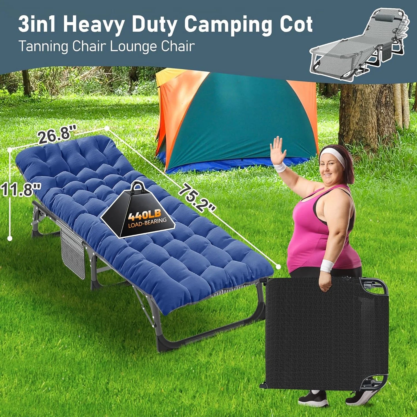 Slsy Folding Lounge Chair, 5-Position Adjustable Outdoor Reclining Chair, Folding Sleeping Bed Cot, Folding Chaise Lounge Chair for Pool Beach Patio Sunbathing