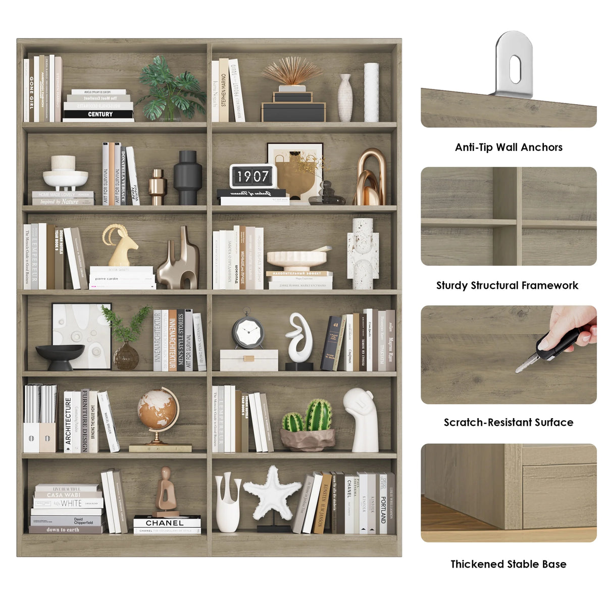 Homfa 74.3�� Double Wide 6-Tier Bookcase, Extra Large Wooden Freestanding Display Bookshelf for Home Office Living Room, White