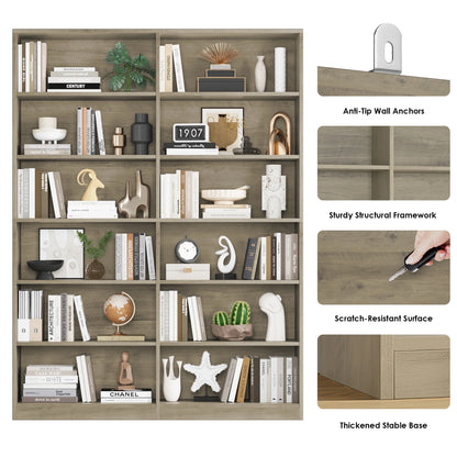 Homfa 74.3�� Double Wide 6-Tier Bookcase, Extra Large Wooden Freestanding Display Bookshelf for Home Office Living Room, White