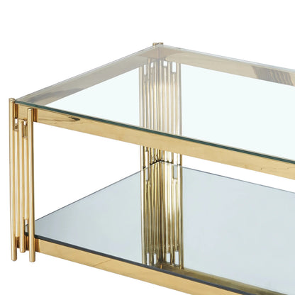 Estrel Glass Top Contemporary Metal Coffee Table with Lower Shelf in Gold