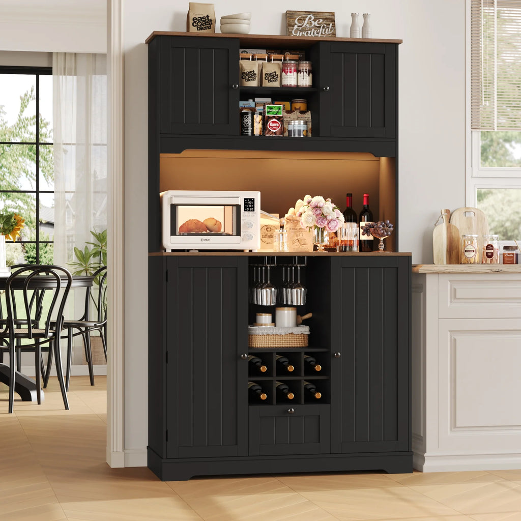 Homfa 71.3'' Kitchen Pantry Storage Cabinet with Charging Station, LED Light Kitchen Hutch Cabinet with Doors and Shelves and Wine Holder, White