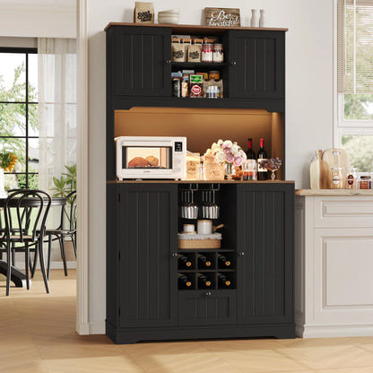Homfa 71.3'' Kitchen Pantry Storage Cabinet with Charging Station, LED Light Kitchen Hutch Cabinet with Doors and Shelves and Wine Holder, White