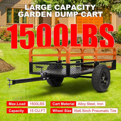 Heavy Duty Steel ATV Trailer,1600 Lbs Dump Cart, 15 Cubic Feet, Removable Sides, for Riding Lawn Mower Tractor