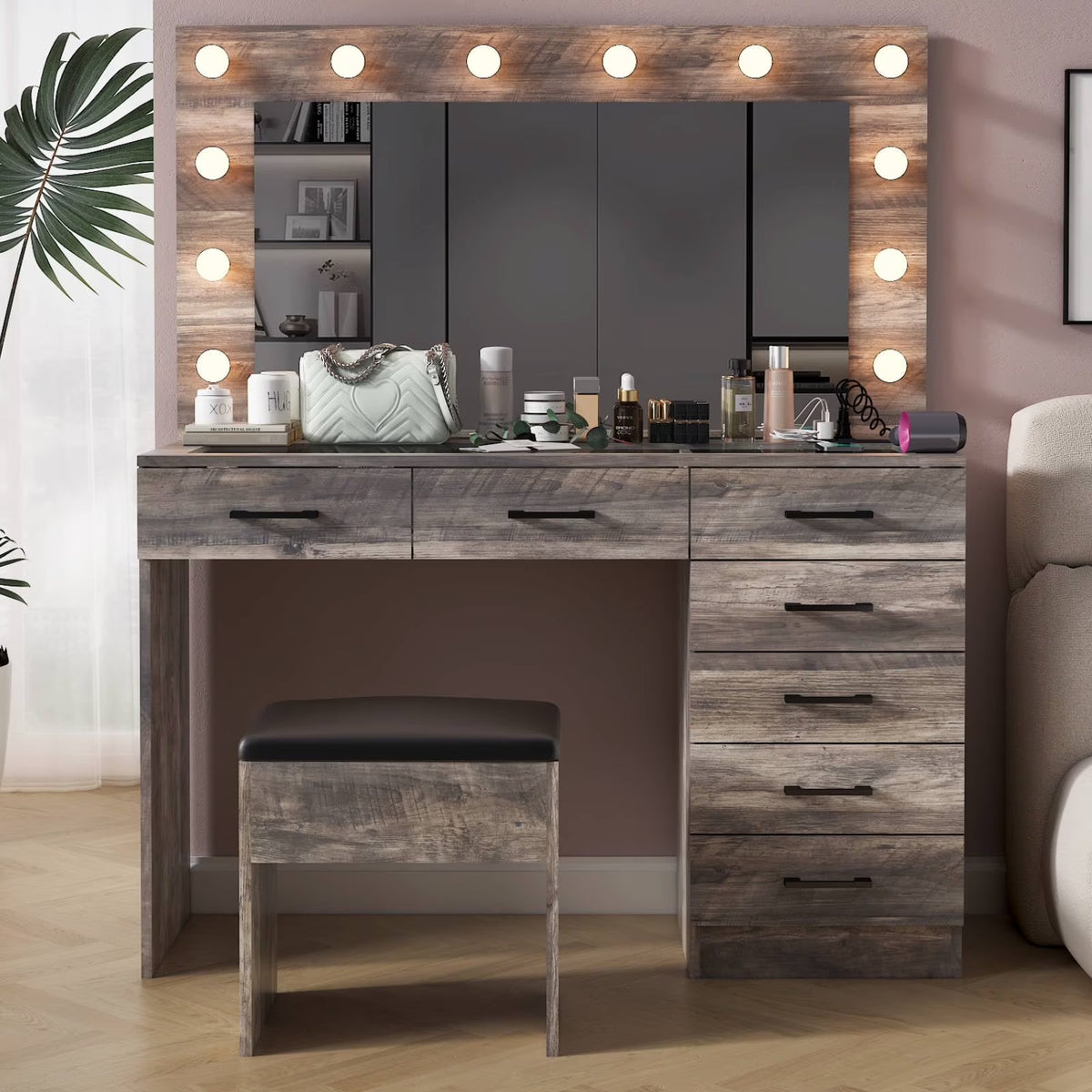 Ktaxon Large Makeup Vanity, Vanity Table Set w/ Visible Glass Top w/ Charging Station, White