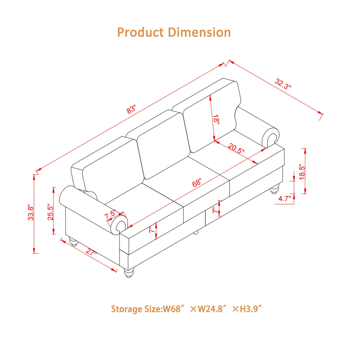 2 Piece Living Room Sofa Set, Modern Leather 3 Seater and Loveseat Sofa with Storage Seats and Rolled Nails Arms for Living Room, Brown