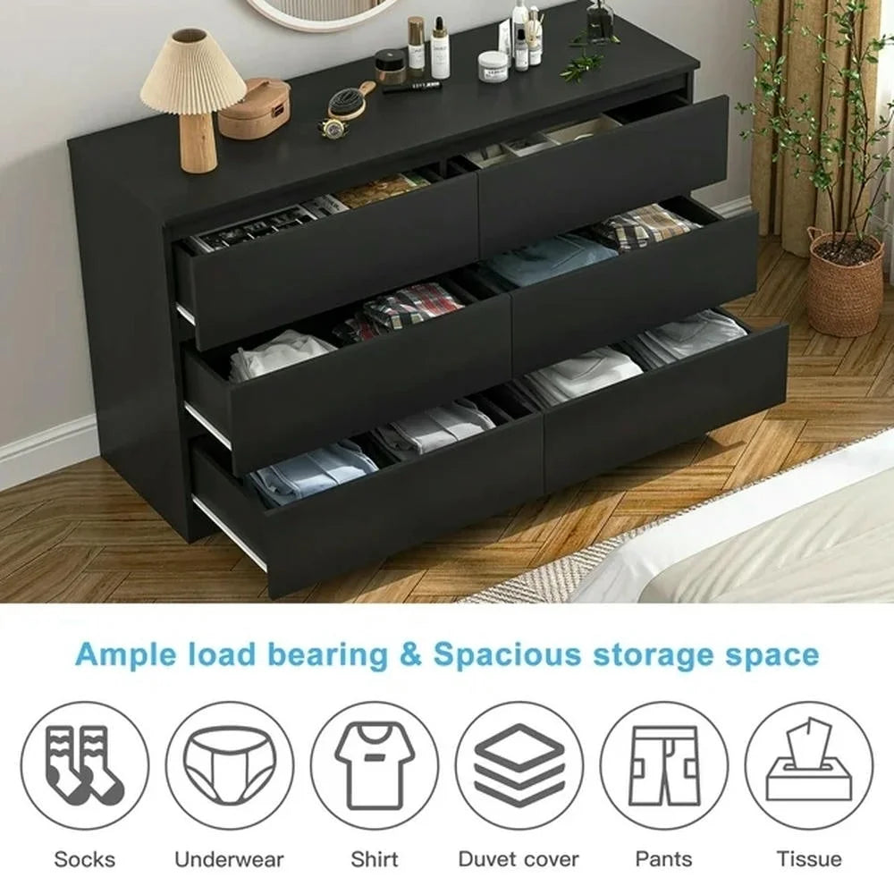 Kadyn Modern 6 Drawer Dresser Wood Cabinet,Dresser for Bedroom, Kitchen Storage Cabinet with Drawers, Chest of Drawers(Black)