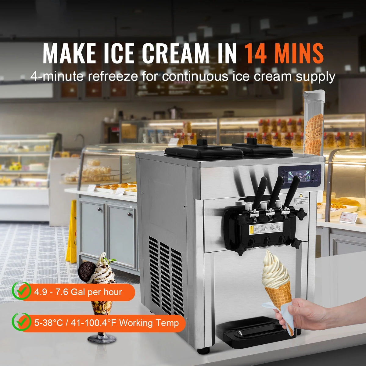 KFFKFF Commercial Soft Ice Cream Machine 18-28 L/H 5.5L*2 Cylinder 3-Flavor Serve Ice Cream Maker