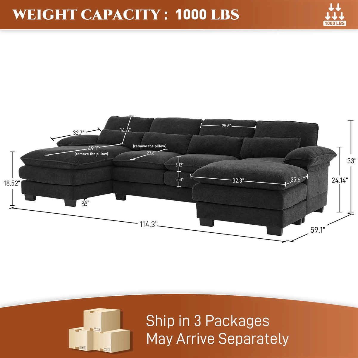 Rophefx 114.3" U Shaped Sectional Couches for Living Room,Cloud Couch,4 Seats Chenille Couch with Double Layer Cushion,Orange