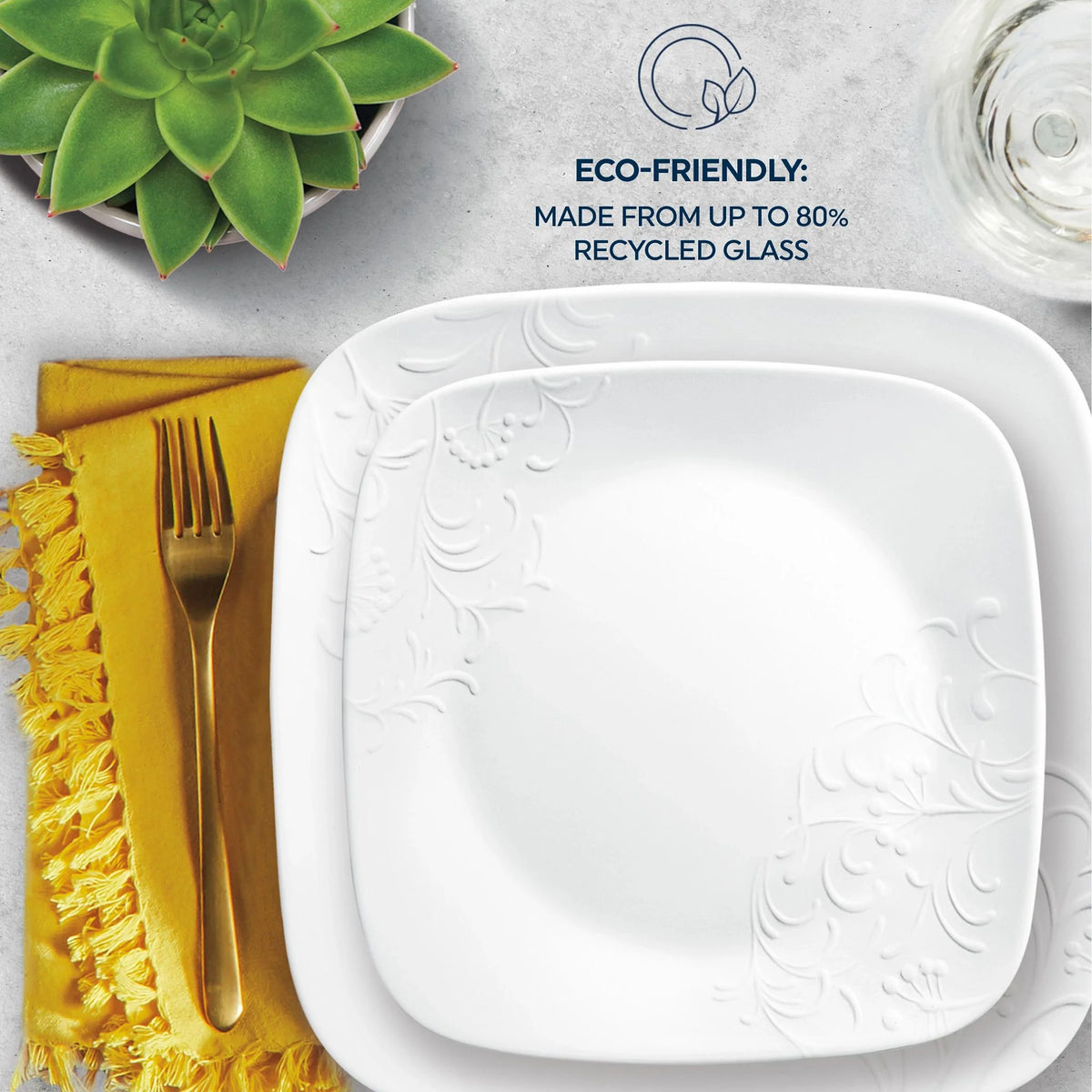 Corelle Cherish 16-Piece Embossed Square Glass Dinnerware Set (Service for 4)