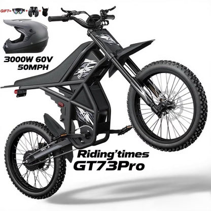 2000W Electric Dirt Bike for Adults Ridingtimes GT73 UL2849,Brushless Hub Motor,18.2AH*2 Electric Bike with 25\" tires digital screen Carbon Steel,Black