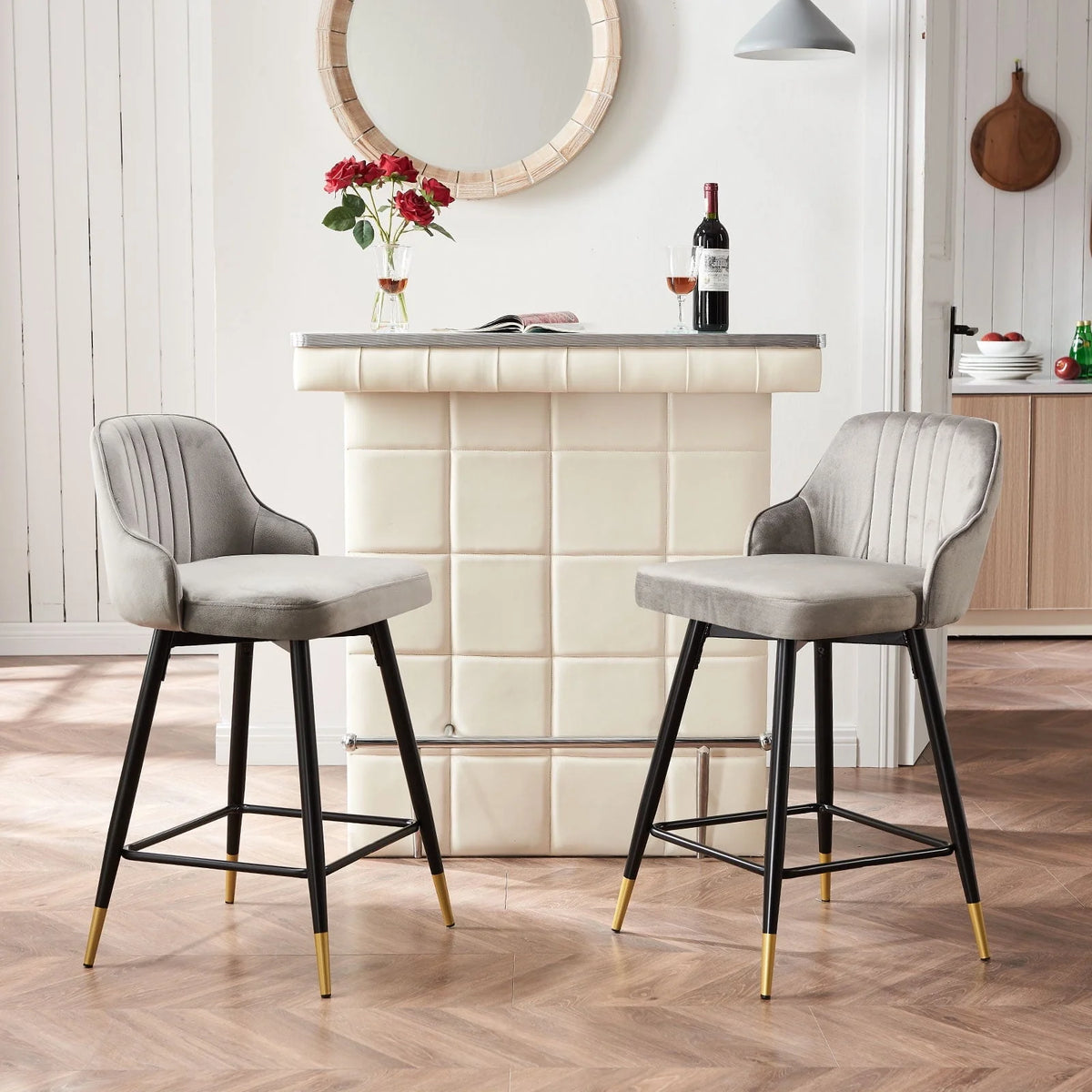 Omni House 25" Swivel Counter Height Bar Stools Set of 4, Velvet Upholstered Bar Stool with Low Back and Footrest,Stools for Pub Island Home Kitchen,Gray
