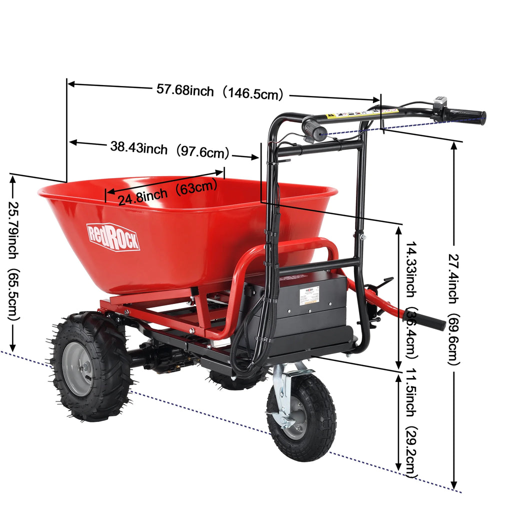 RedRock Wheelbarrow Utility Cart Electric Powered Cart 48V28Ah 500W Capacity 500lbs (230kg) Material Debris Hauler 1000lbs Towing