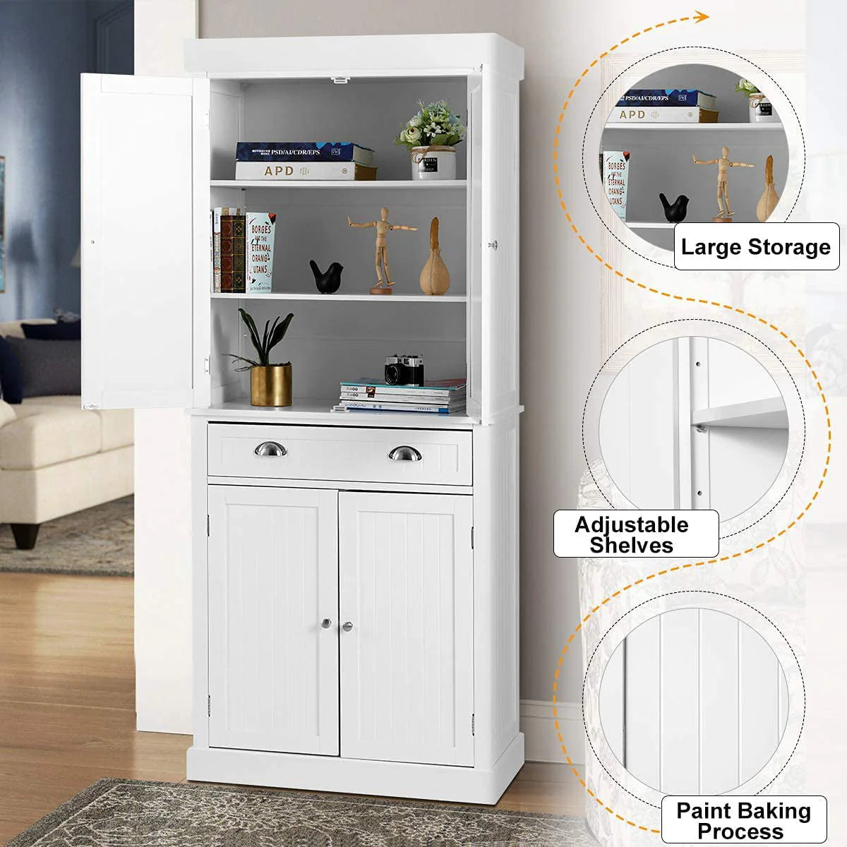 Yoleny Kitchen Pantry, 72” Freestanding Storage Cabinets with Doors and Shelves, Elegant Colonial Design Cabinet Cupboard, White