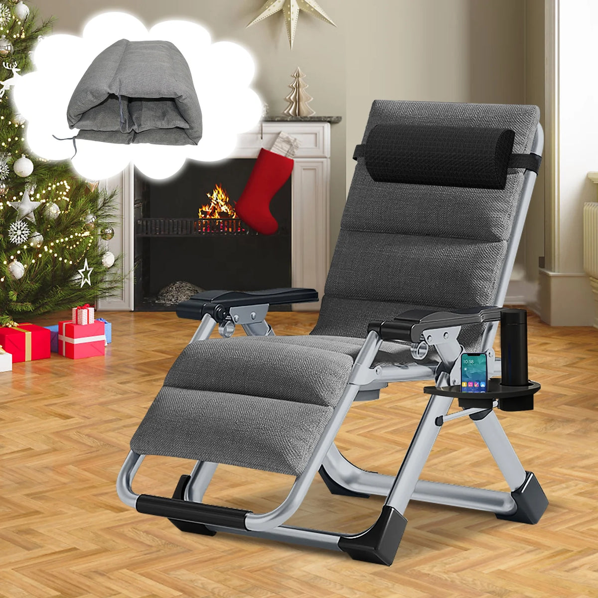 NAIZEA Zero Gravity Chair with Removable Cushion and Cup Holder Black