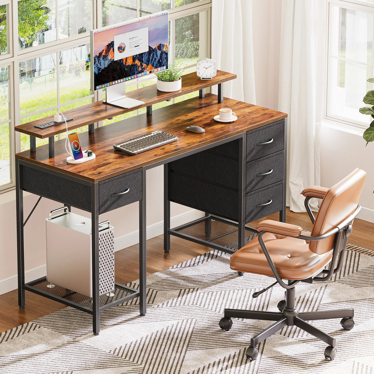 55.1" LED Gaming Desk with Drawers, Computer Desk with Outlets, Office Desk with 4 Drawers, Corner Desk, Writing Desk in White