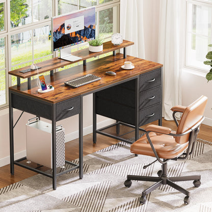 55.1" LED Gaming Desk with Drawers, Computer Desk with Outlets, Office Desk with 4 Drawers, Corner Desk, Writing Desk in White