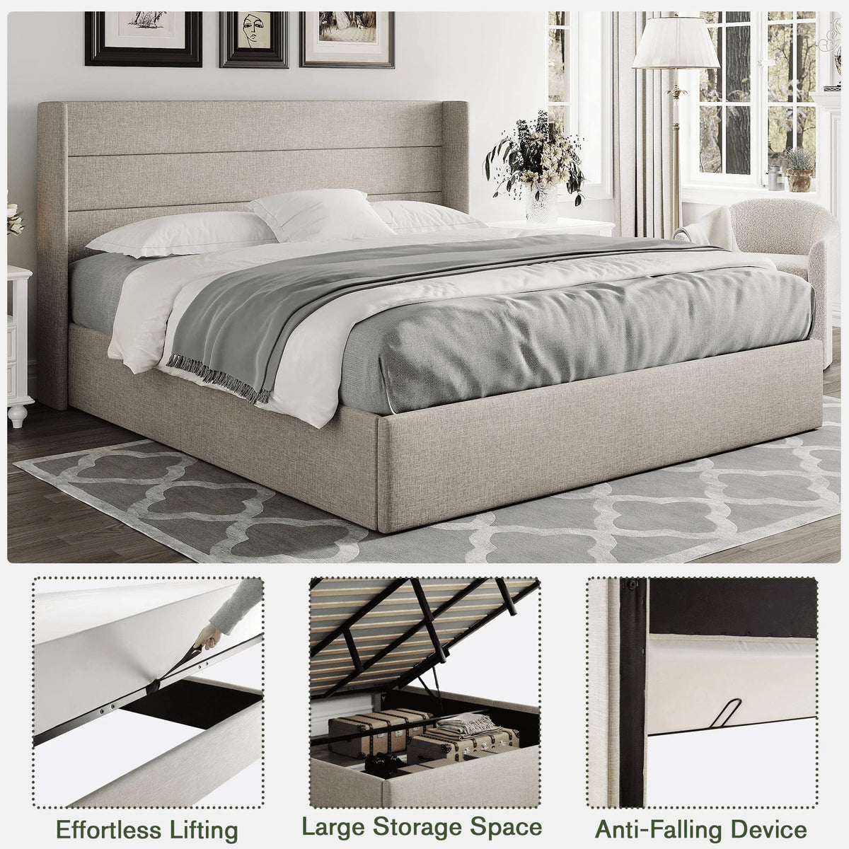 Einfach King Size Lift up Storage Bed with Wingbacks and Horizontal Channel Headboard, Beige