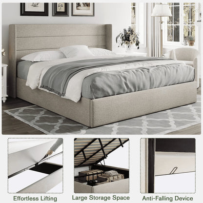 Einfach King Size Lift up Storage Bed with Wingbacks and Horizontal Channel Headboard, Beige
