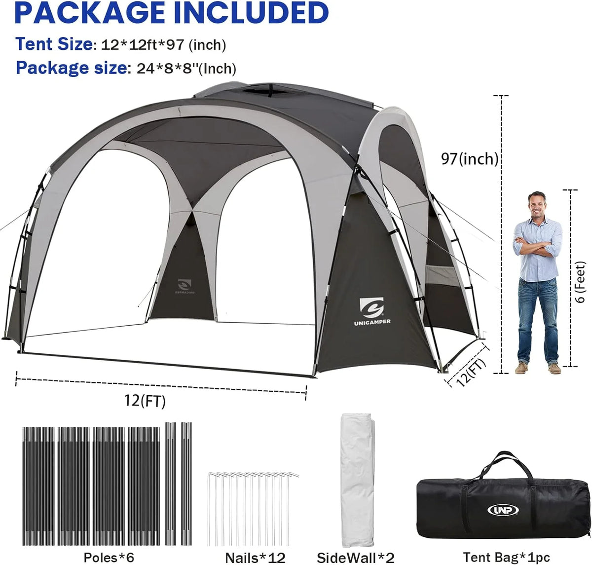 UNP Easy Beach Tent 12 X 12ft Pop Up Canopy UPF50+ Tent with Side Wall, Ground Pegs, and Stability Poles, Sun Shelter Rainproof, Waterproof for Camping Trips, Backyard Fun, Party Or Picnics (Gray)
