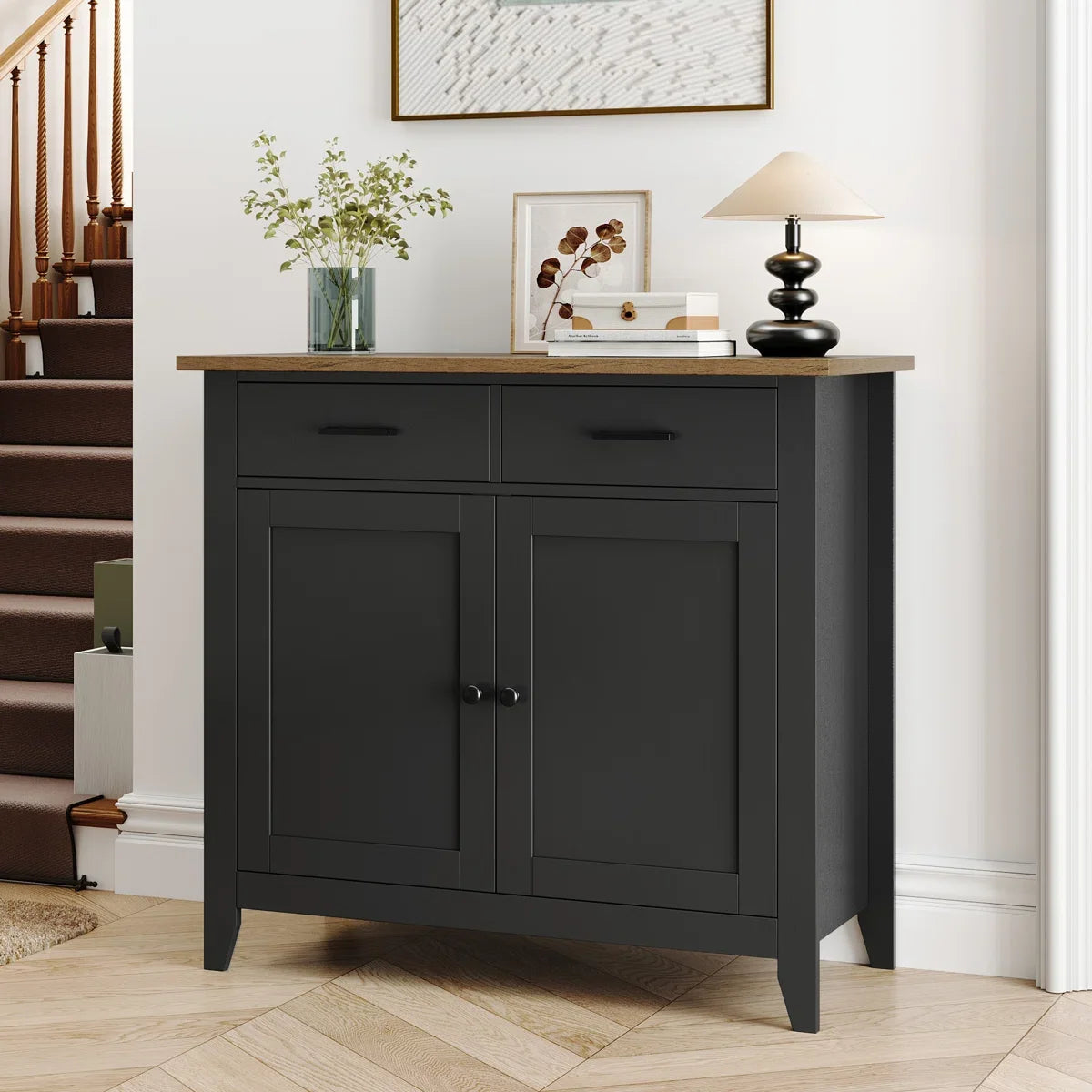 Homfa Entryway Cabinet, Kitchen Storage Cabinet, Farmhouse Buffet Sideboard with 2 Drawers and 2 Doors,Coffee Bar with Storage for Dining Room Living Room,White