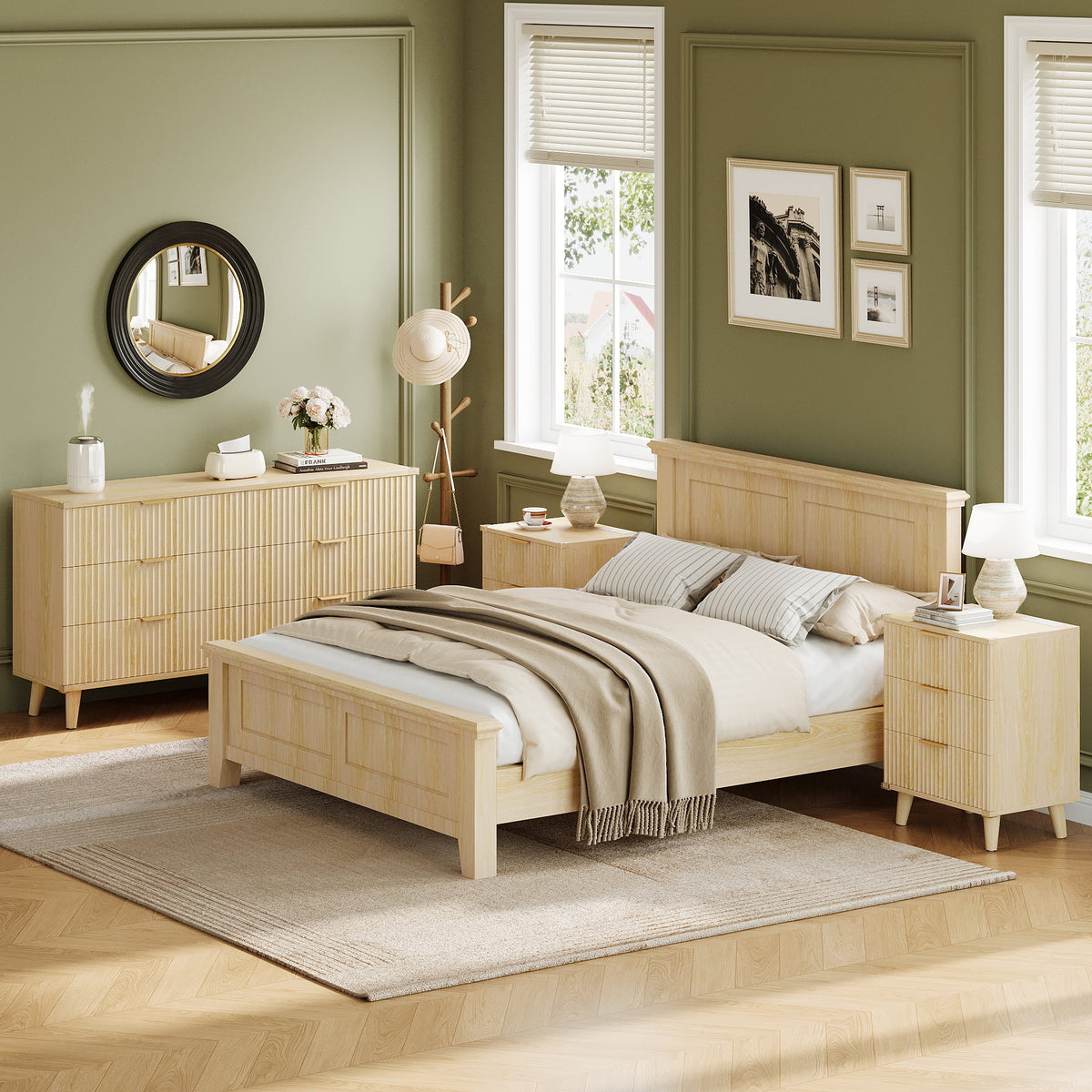 GIKPAL Bedroom Dresser and Nightstand 3 Piece Set - Includes Boho Double 6 Drawer Storage Dresser, Nightstand Set of 2 with Charging Station, Modern Bedroom Set, Natural