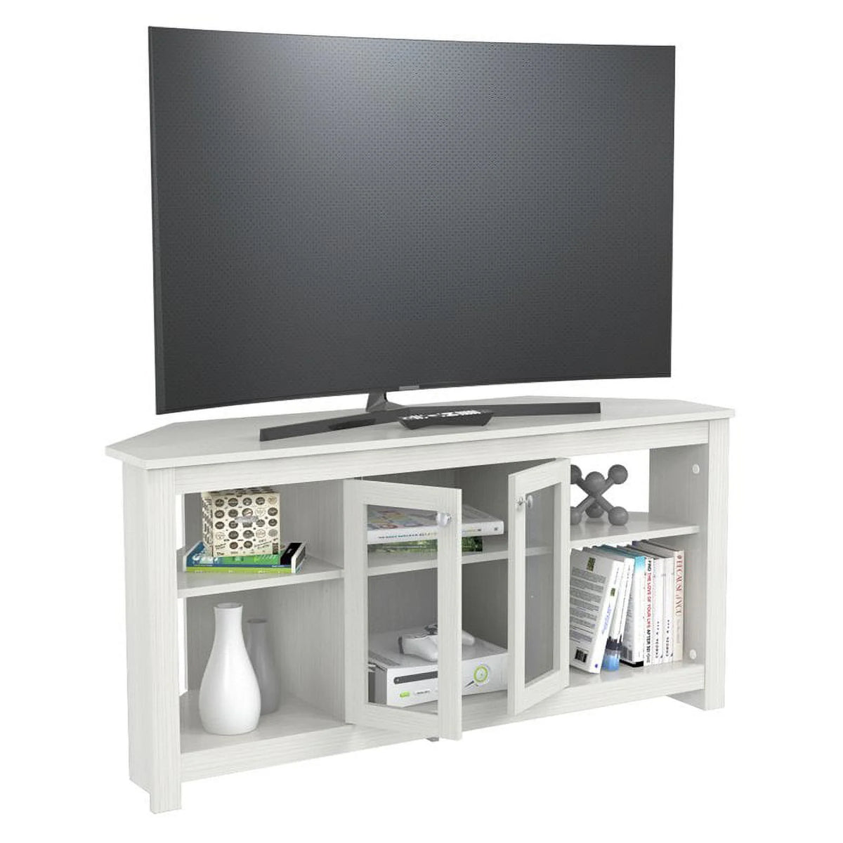 Inval Corner Laminate 60�� TV Stand with Glass Doors, White