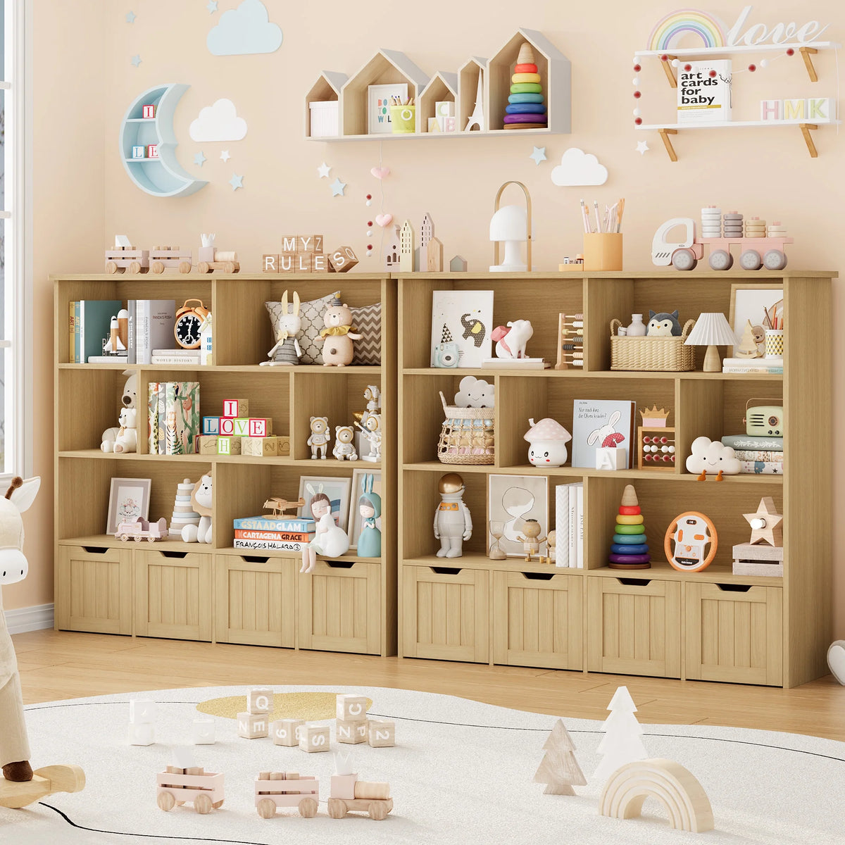 Homfa 7 Cube Toy Storage Organizer, Kids Geometric Bookcase and Bookshelf with 4 Drawers, White