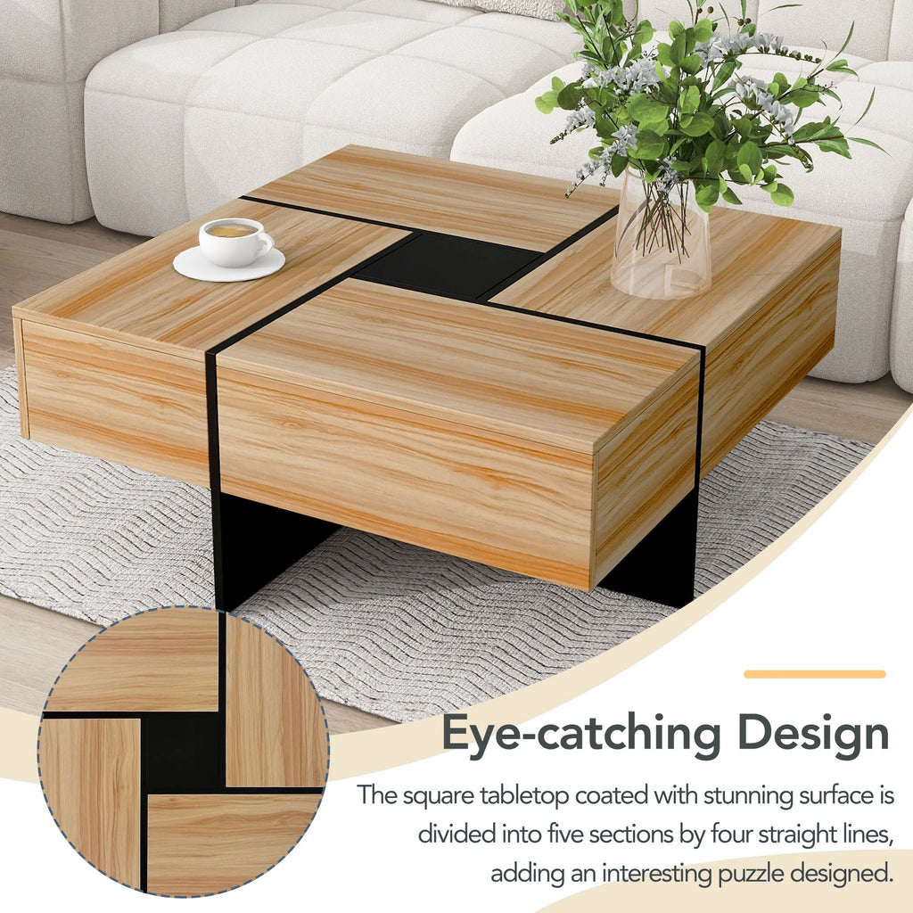 Coffee Table with 4 Hidden Storage Compartments, Cocktail Table with Extendable Sliding Tabletop