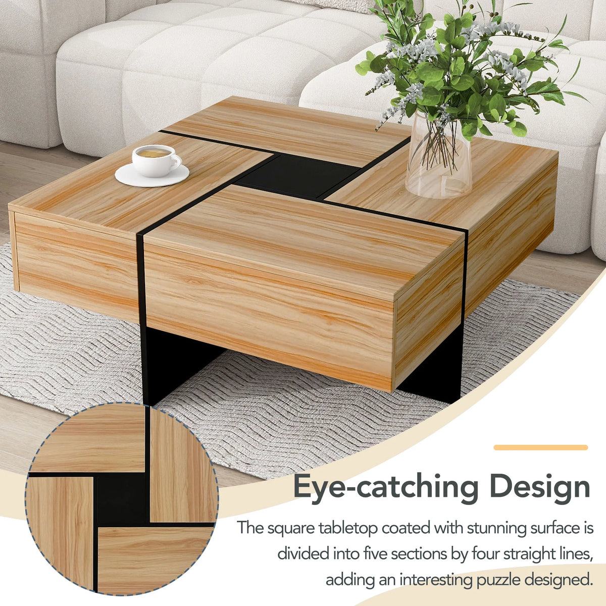Coffee Table with 4 Hidden Storage Compartments, Cocktail Table with Extendable Sliding Tabletop
