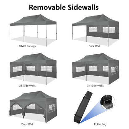 COBIZI 10x20 Heavy Duty Pop up Canopy Tent with 6 sidewalls Easy Up Commercial Outdoor Canopy Wedding Party Tent for Beach All Season Wind & Waterproof Gazebo with Roller Bag,Black(Frame Thickened)