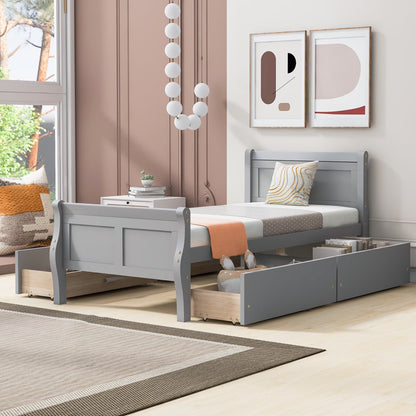 Full Size Wood Platform Bed with 4 Drawers,Storage Bed Frame with Streamlined Headboard and Footboard for Kids, Teens, Boys, Girls,Wooden Slats Support, No Box Spring Needed,Oak