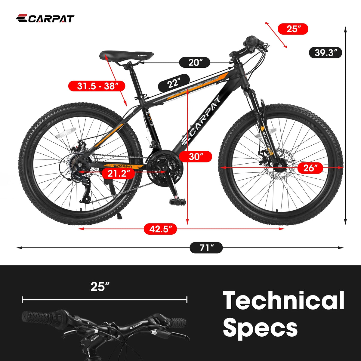 26 inch Mountain Bike for Men, Adult Mountain Bike with Shimano 21 Speed & Disc Brakes, Black Orange
