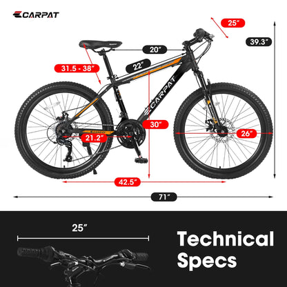 26 inch Mountain Bike for Men, Adult Mountain Bike with Shimano 21 Speed & Disc Brakes, Black Orange