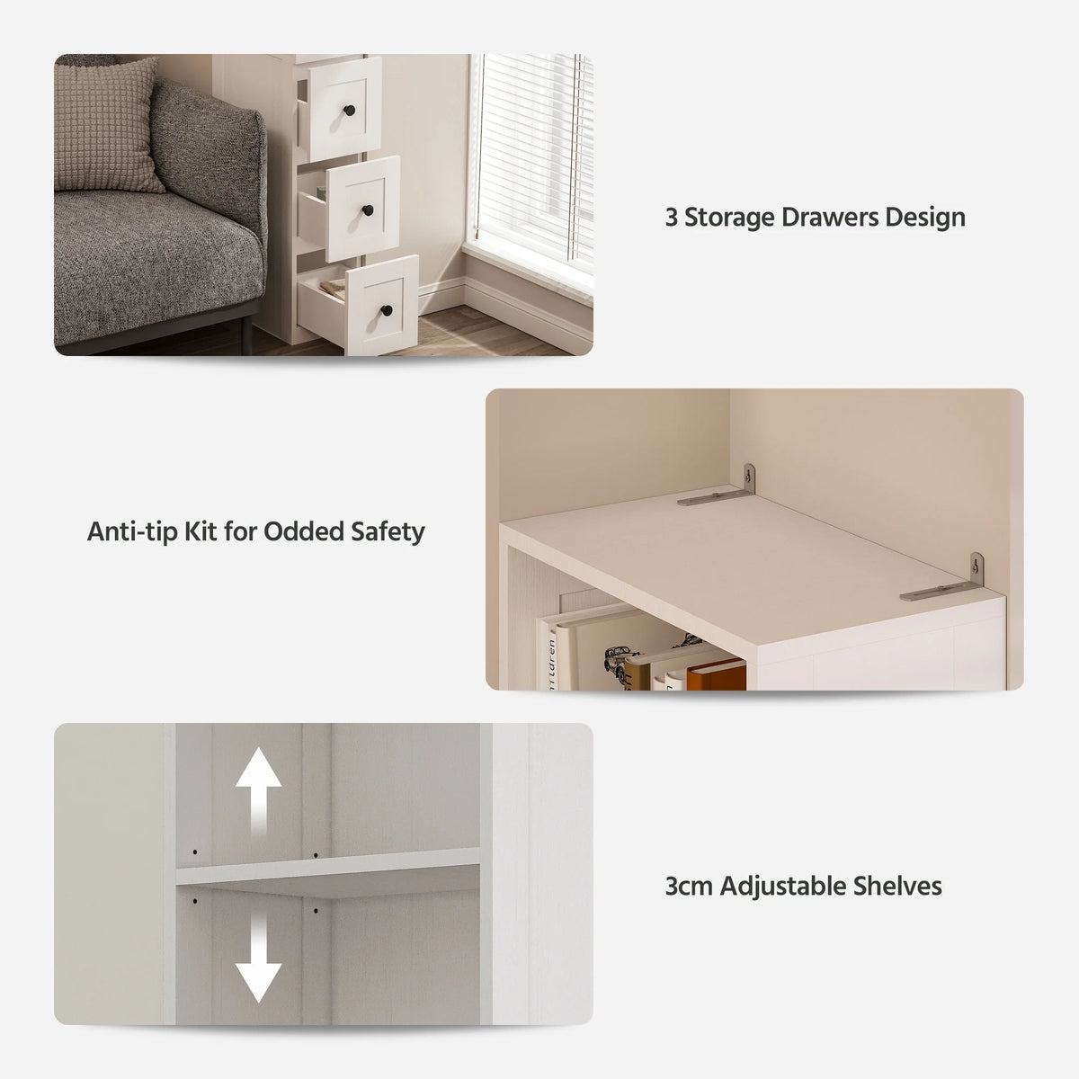 LAUSAINT HOME Bathroom Storage Cabinet, Tall Thin White Storage with 2 Adjustable Shelves & 3-level Drawers for Home, Kitchen