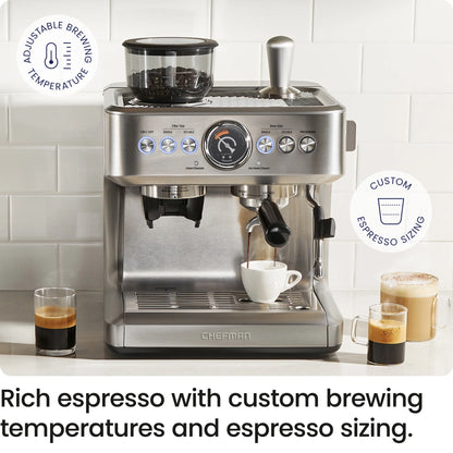 Chefman Crema Supreme Espresso Machine with Conical Burr Grinder and Steam Wand a?? Stainless Steel, New