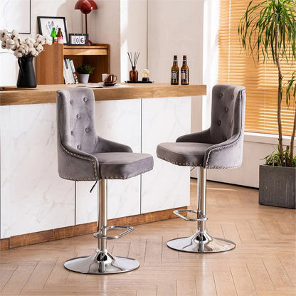 Alexent  2PCS Swivel Bar Stools, High Back, Button Tufted, Silver Footrest and Nailhead Trim Swivel Bar Chairs for Kitchen, Bar Velvet Upholstered Bar Stools, Dark Blue