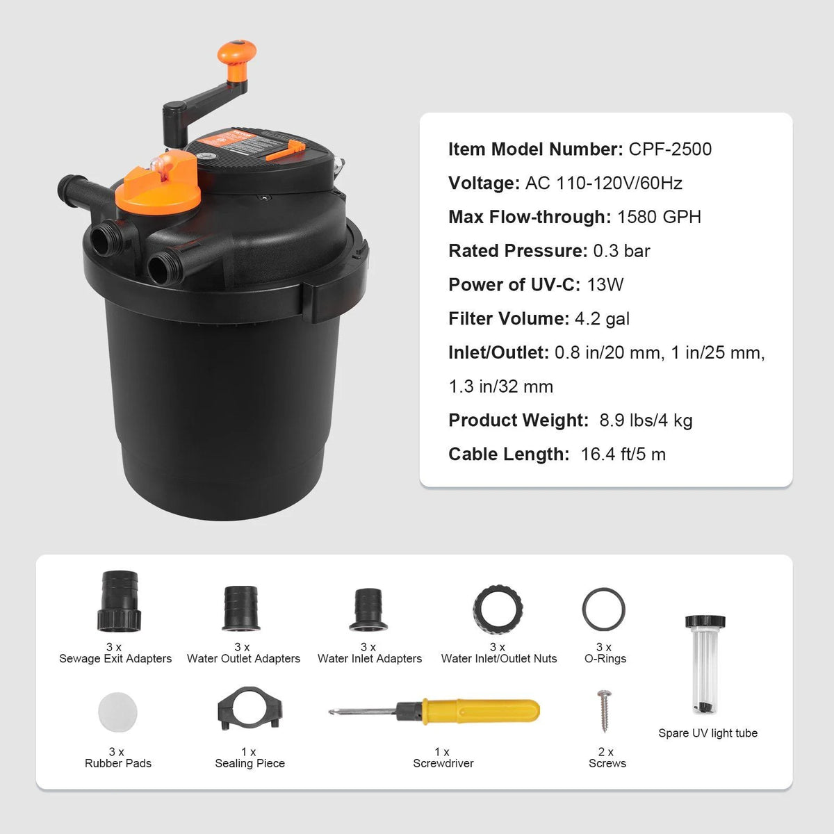Bio Pressure Pond Filter with 13W UV-C Light, 1580 GPH, for Pools up to 1600 Gallons, Pressurized Biological Filtration for Garden Ponds, Koi Fish Tanks, Fountains
