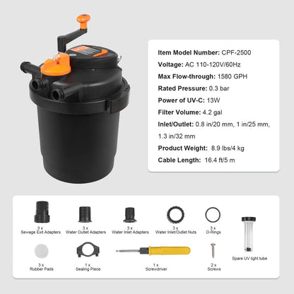 Bio Pressure Pond Filter with 13W UV-C Light, 1580 GPH, for Pools up to 1600 Gallons, Pressurized Biological Filtration for Garden Ponds, Koi Fish Tanks, Fountains