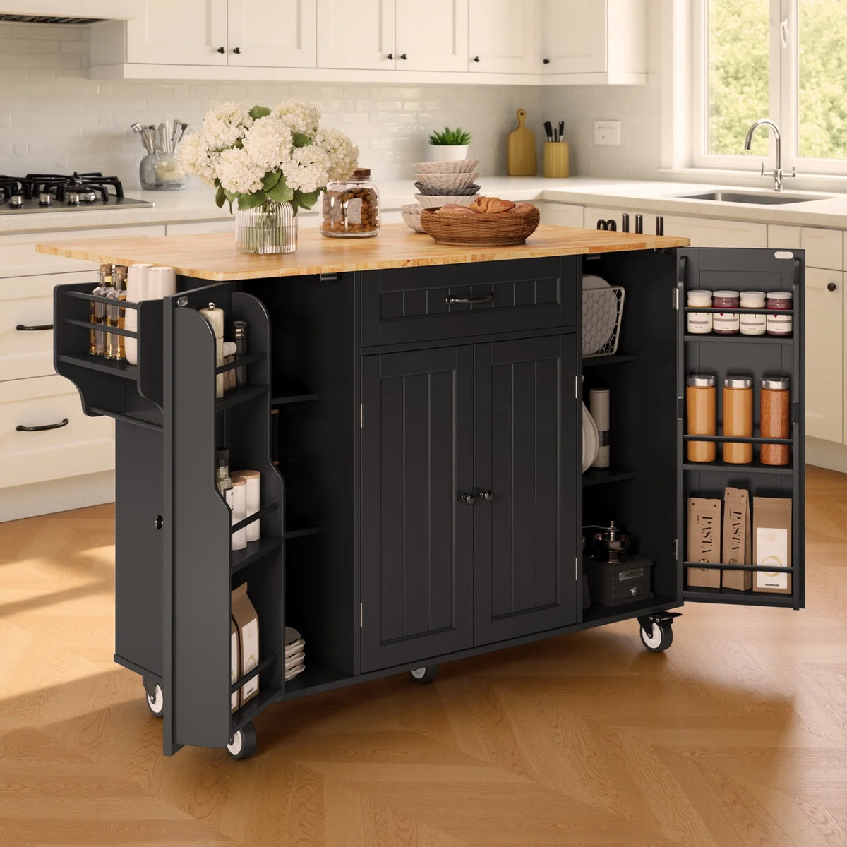 Noelse Kitchen Island with Storage, Island Table for Kitchen with Drop Leaf, Spice Rack, Towel Bar for Small Kitchens, White