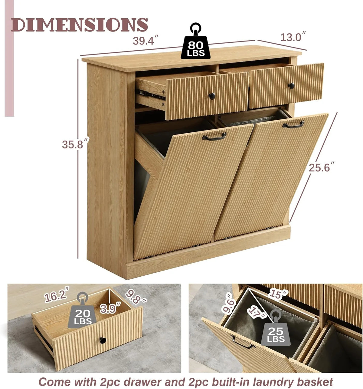 Haverchair Double Tilt Out Laundry Hamper Cabinet, Modern Fluted Trash Can Cabinets with Drawer, Wooden Hidden Garbage Cabinet for Kitchen and Bathroom