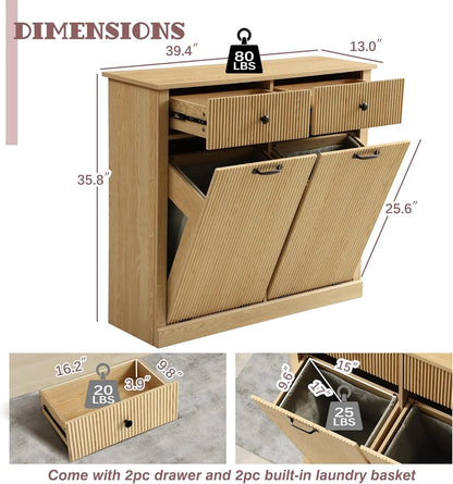 Haverchair Double Tilt Out Laundry Hamper Cabinet, Modern Fluted Trash Can Cabinets with Drawer, Wooden Hidden Garbage Cabinet for Kitchen and Bathroom