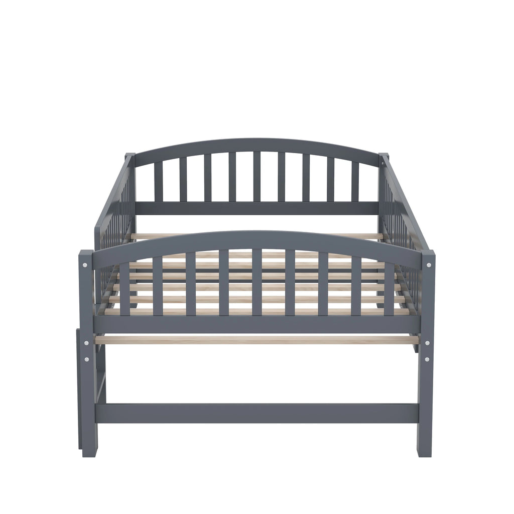 SESSLIFE Twin Size Platform Bed, Solid Wood Twin Bed Frame with Slats, Fence Guardrail Ladder, Twin Floor Bed with Strong Legs for Boys Girls, No Box Spring Needed, Holds 400 lbs, White