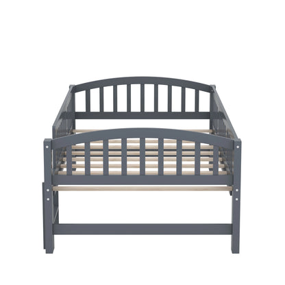 SESSLIFE Twin Size Platform Bed, Solid Wood Twin Bed Frame with Slats, Fence Guardrail Ladder, Twin Floor Bed with Strong Legs for Boys Girls, No Box Spring Needed, Holds 400 lbs, White