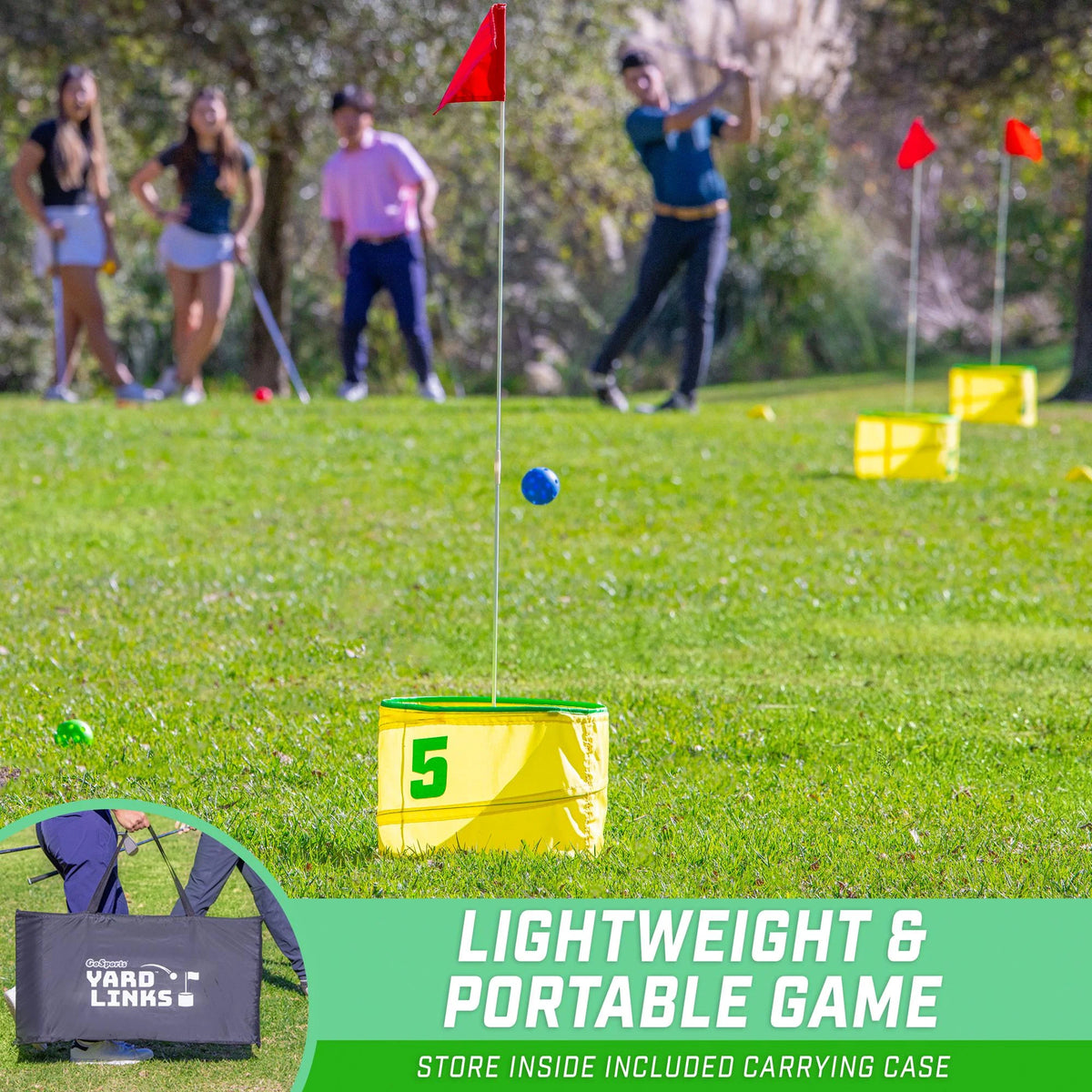 GoSports Yard Links Golf Game with 6 Buckets,  Backyard Practice Golfer Game, Tee Markers and 6 Balls