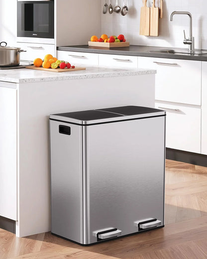 LAZY BUDDY Dual Garbage Can, Stainless Steel 16 Gallon Step Kitchen Trash Can with Soft-Close Lid, Double Compartment Garbage Recycling Bin